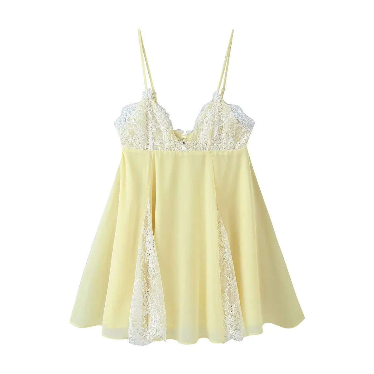 Sexy Spaghetti Straps Lace Trim Yellow Short Dresses V Neck A-line Beach Holiday Summer Vestidos