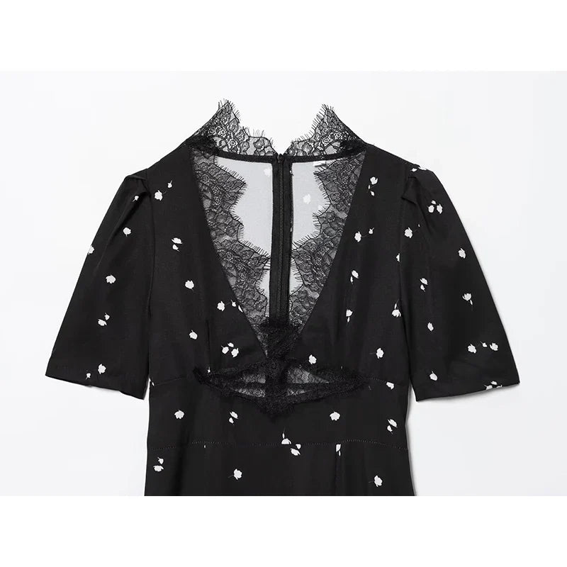 European And American Sexy Lace Trim Printed V Neck Short Sleeve Dresses