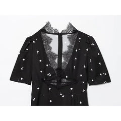 European And American Sexy Lace Trim Printed V Neck Short Sleeve Dresses