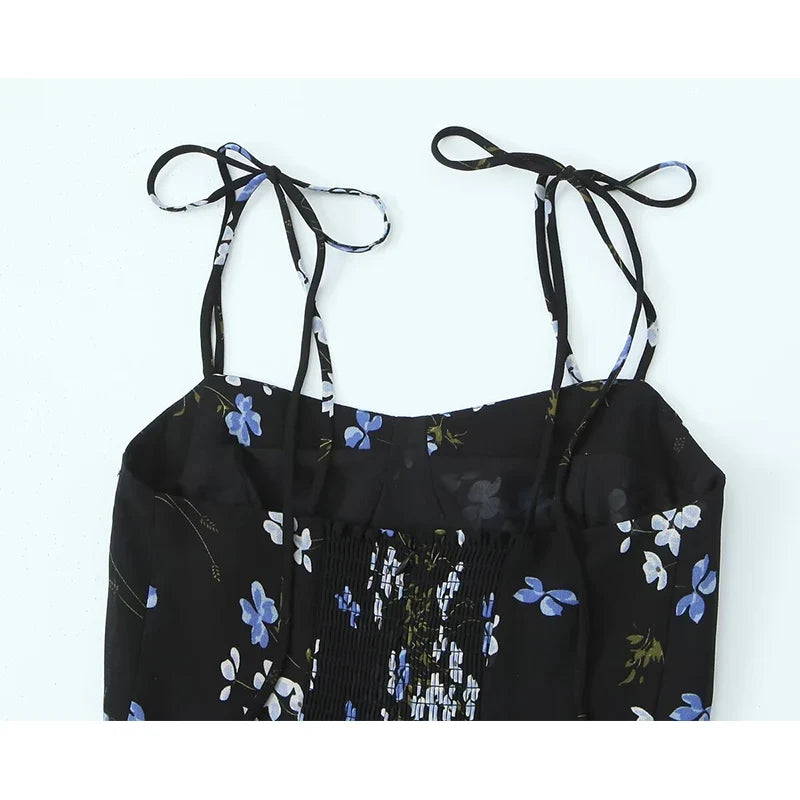 Summer French Style Retro Floral Print Sling Dresses Sexy Hem Slit High Waist A-line Midi Dresses