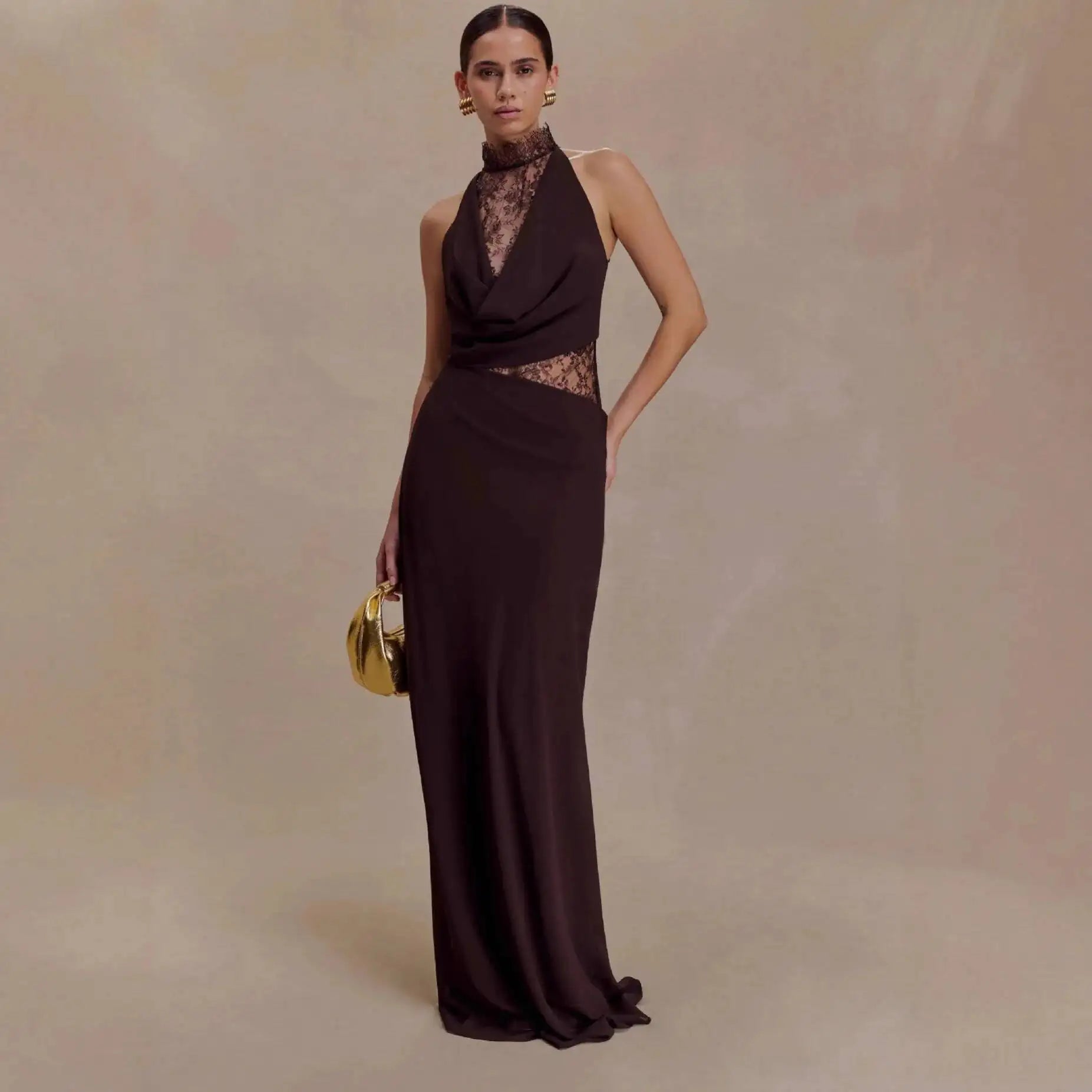 Elegant Halter Neck Sleeveless Lace Spliced Slim Fit Dresses