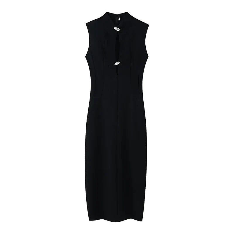Black White Sexy Vintage Elegant Party Long Dresses Front Button Hollow Out Pencil Maxi Vestidos