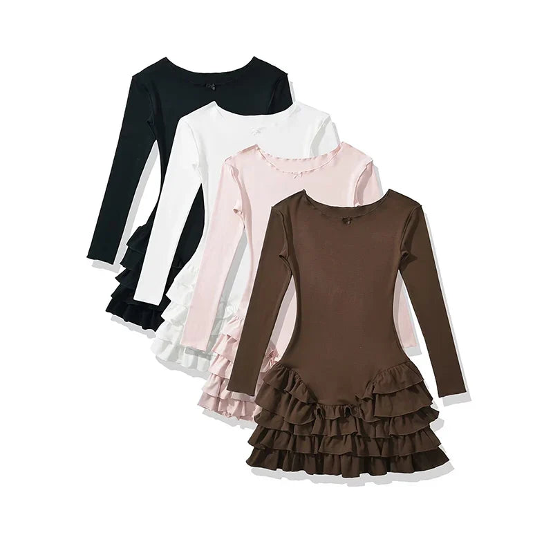 Y2k Long Sleeve O Neck Ruffle Dresses Spring Basics Vestidos Mujer Spicy Girl Style Sexy Mini Dress
