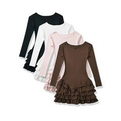 Y2k Long Sleeve O Neck Ruffle Dresses Spring Basics Vestidos Mujer Spicy Girl Style Sexy Mini Dress