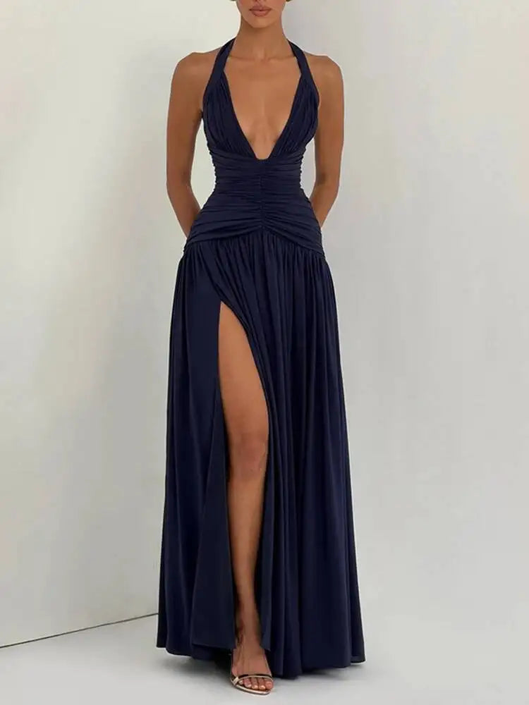 Temperament Hanging Neck Exposed Back Pleated Waist Slit Dresses