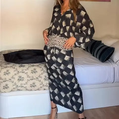 Ladies Sexy Deep V Bohemian Long Dresses Vintage Geometric Print Loose Robe Dresses