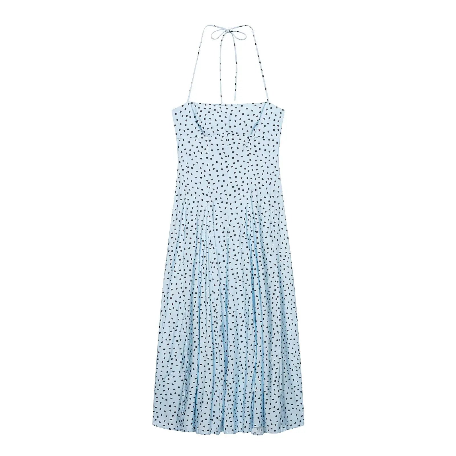 Light Blue Polka Dot Halter Midi Dresses