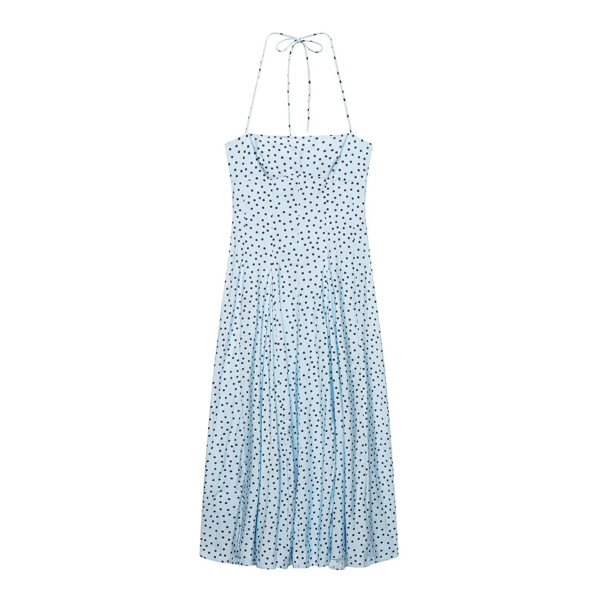 Light Blue Polka Dot Halter Midi Dresses