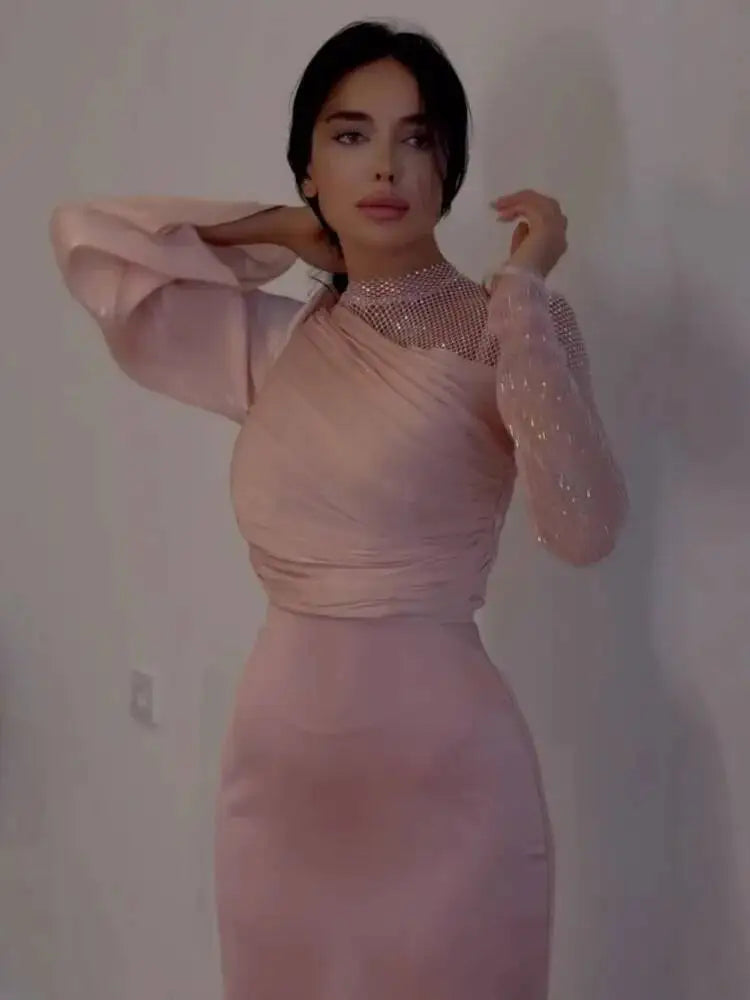 spring and autumn Sexy Bodycon Mesh Pleated Evening Dresses