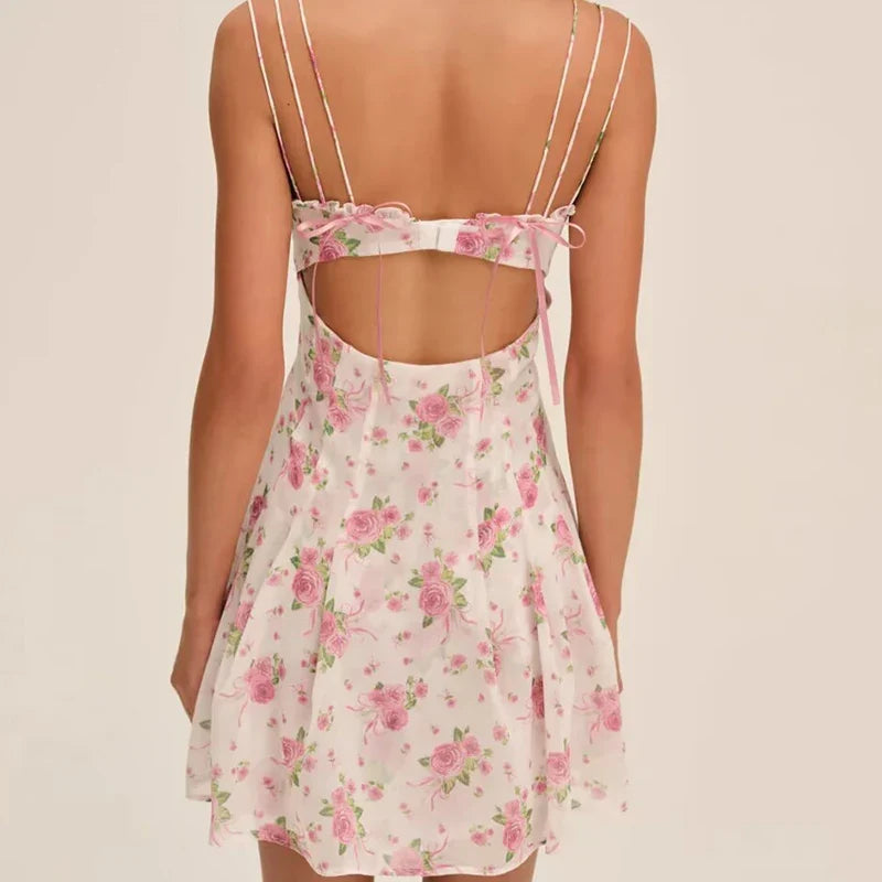 Romantic Sweet Floral Print Sexy Backless Sling Mini Dresses Pretty Girl A-line Summer Dresses