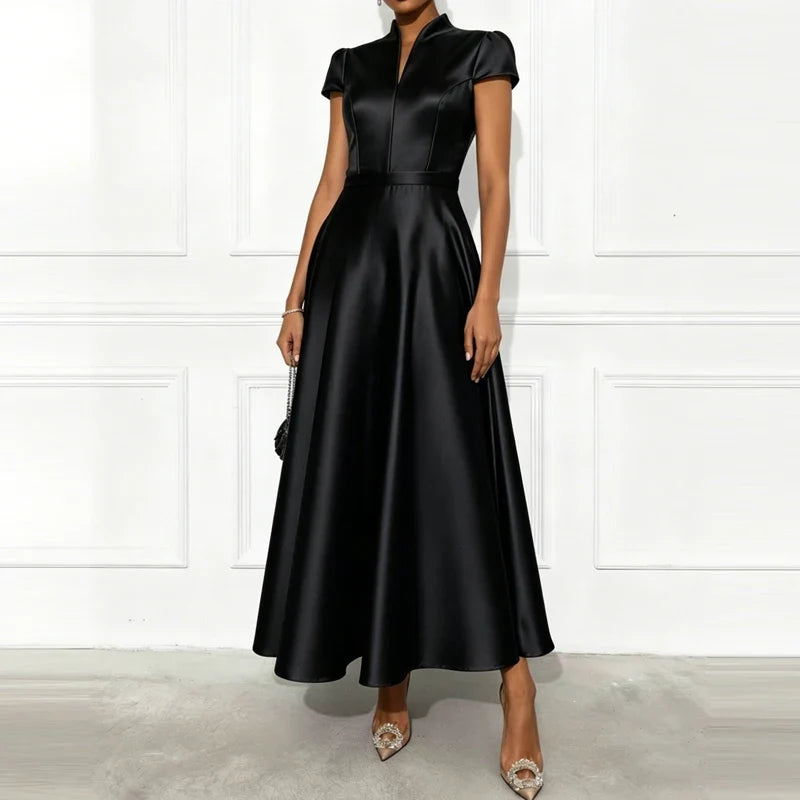 Ladies Elegant Temperament Party Long Dresses Simple Solid Color V Neck Short Sleeved Dresses