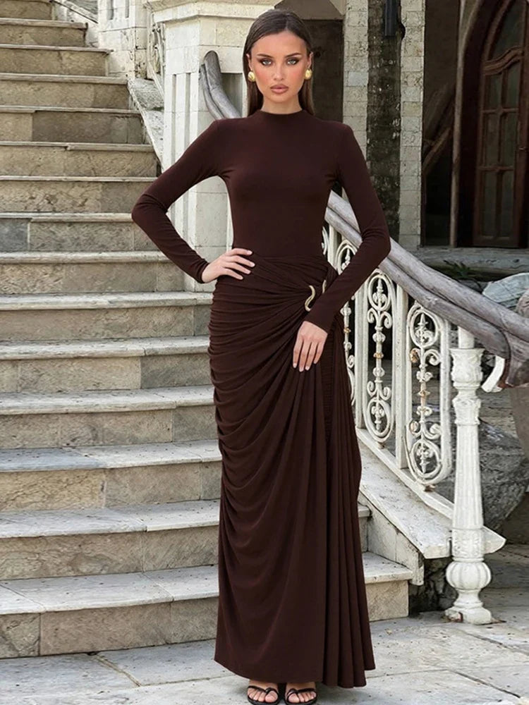 Solid Color Round Neck Long Sleeve Dresses