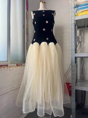 Summer Round Neck Sleeveless Slim High Waist Pullover Mesh Spliced Dresses
