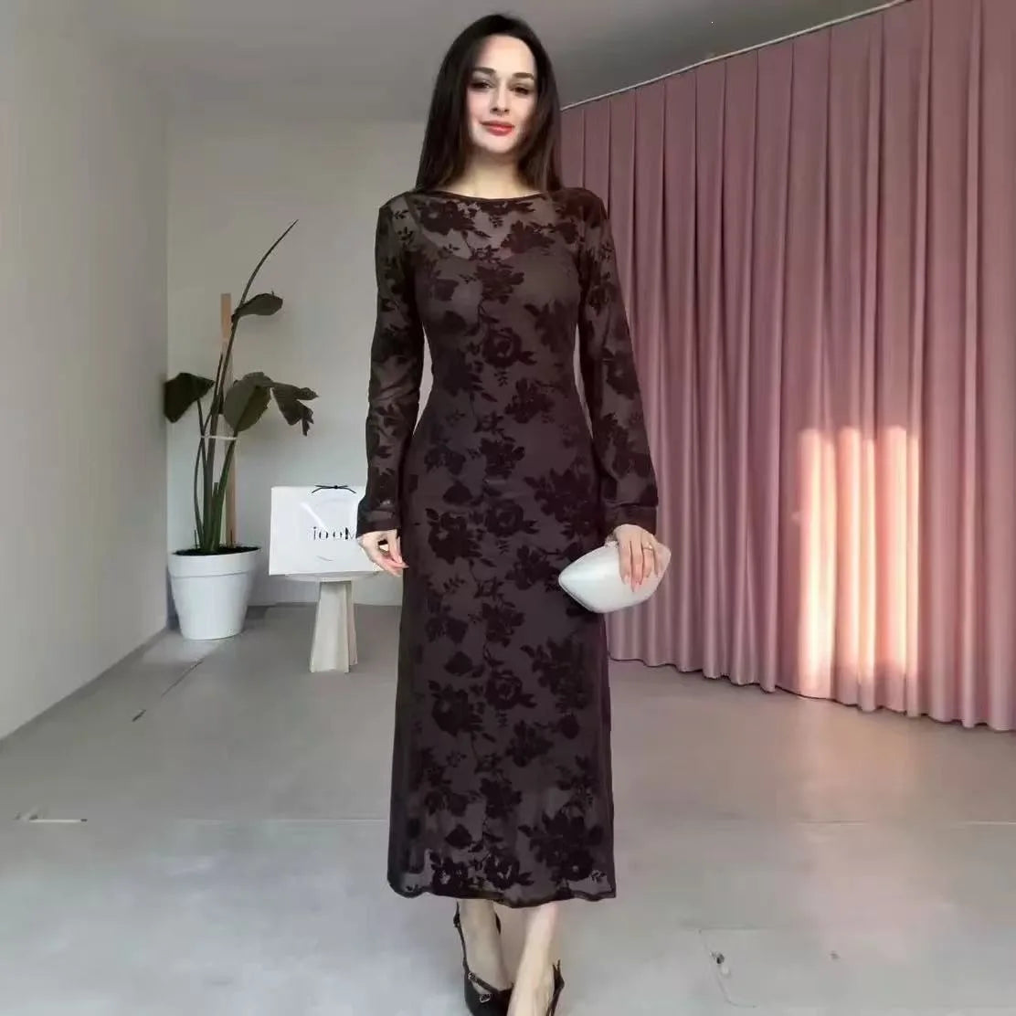 Printed Round Neck Long Sleeved Dresses
