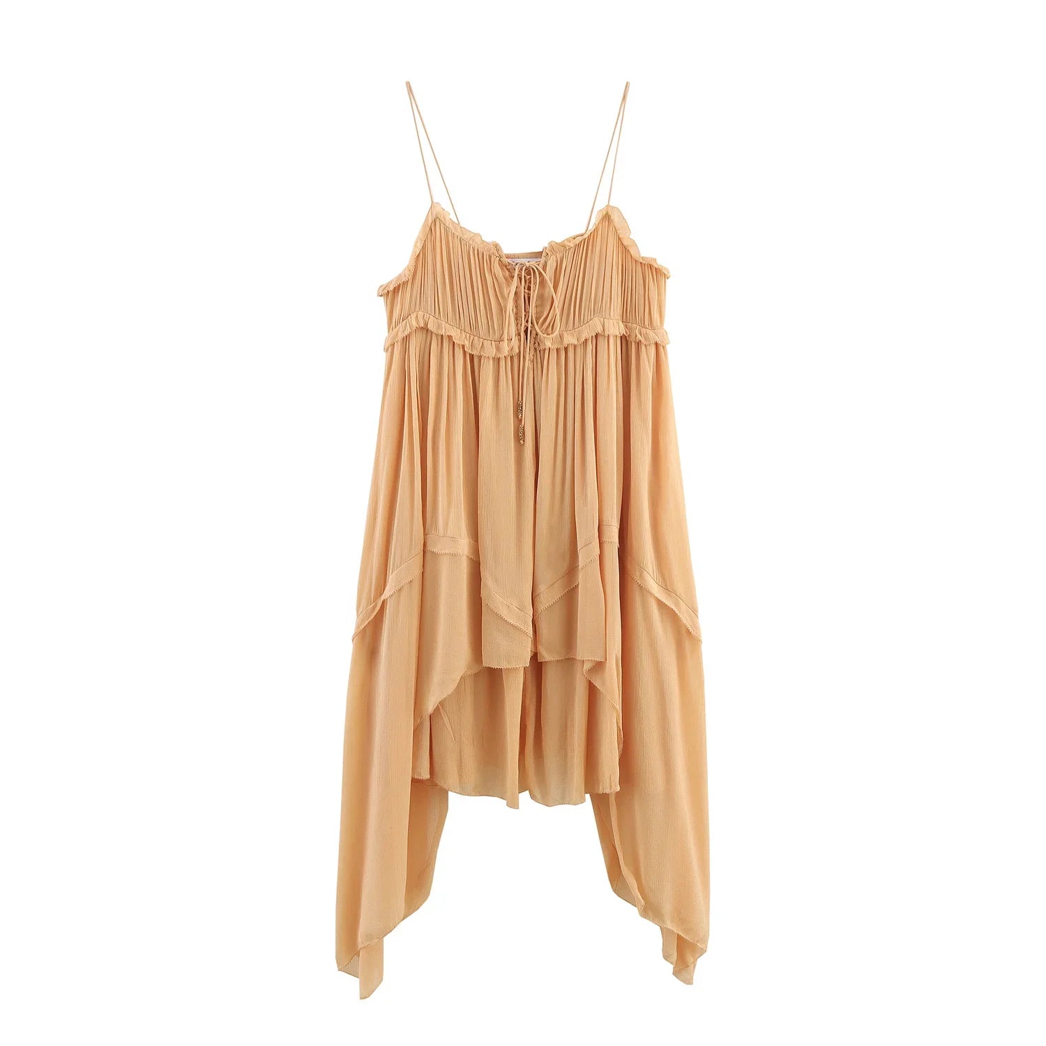 Front Lace Up Thin Straps Asymmetric Ruffles Dresses Sexy Summer Short Vacation Dresses