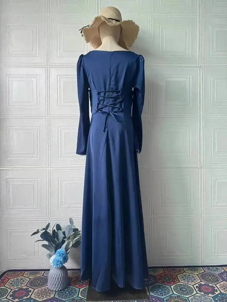 Elegant Square Collar Long Sleeved Bandage Waist Studded Diamond Dresses