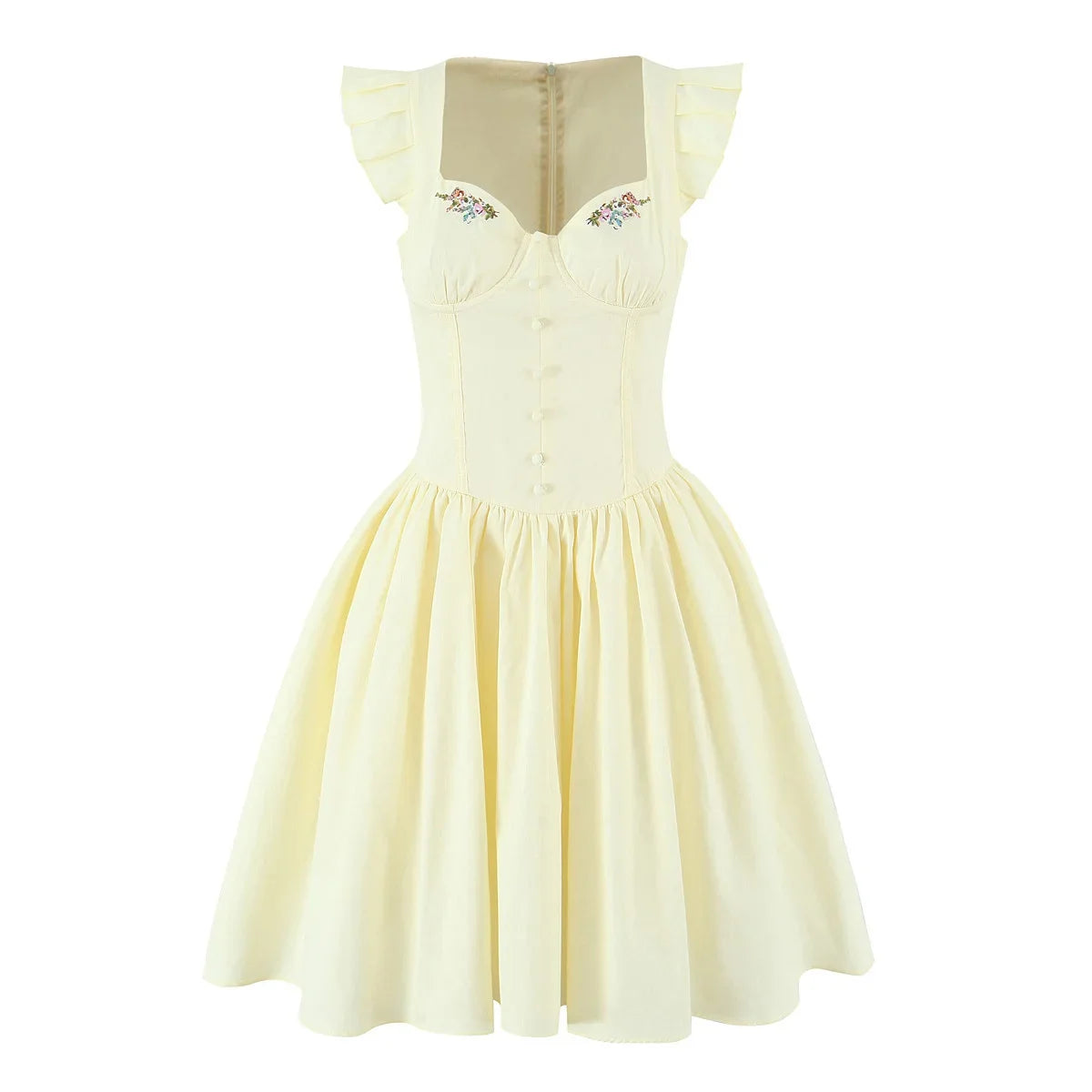 Floral Embroidery White Yellow Mini Dresses