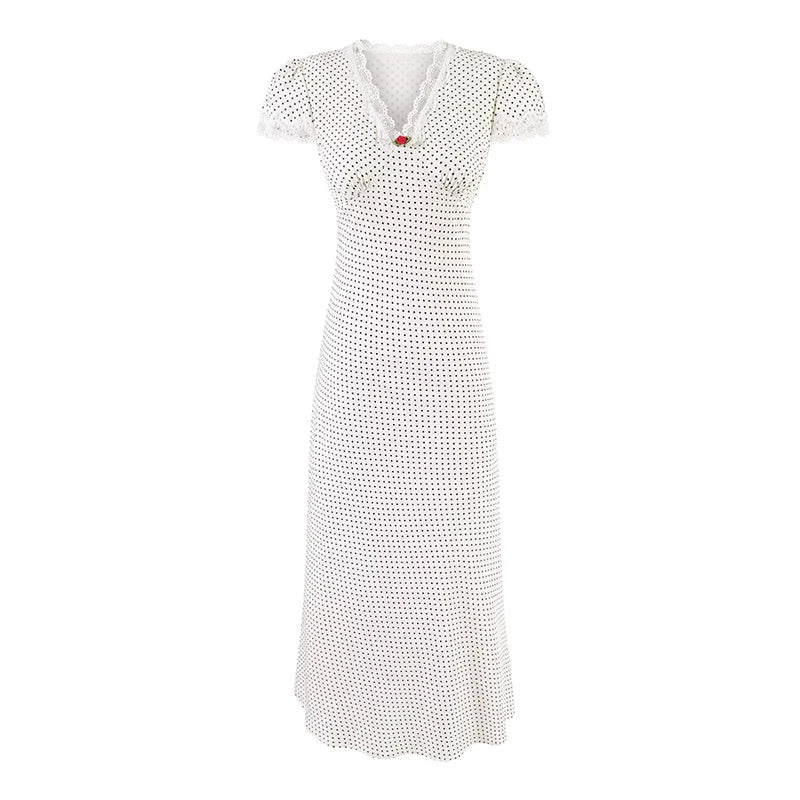 French Lace Trim V Neck Polka Dot Dresses Short Sleeve A-line Midi Elegant Summer Dresses