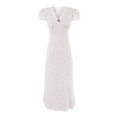 French Lace Trim V Neck Polka Dot Dresses Short Sleeve A-line Midi Elegant Summer Dresses