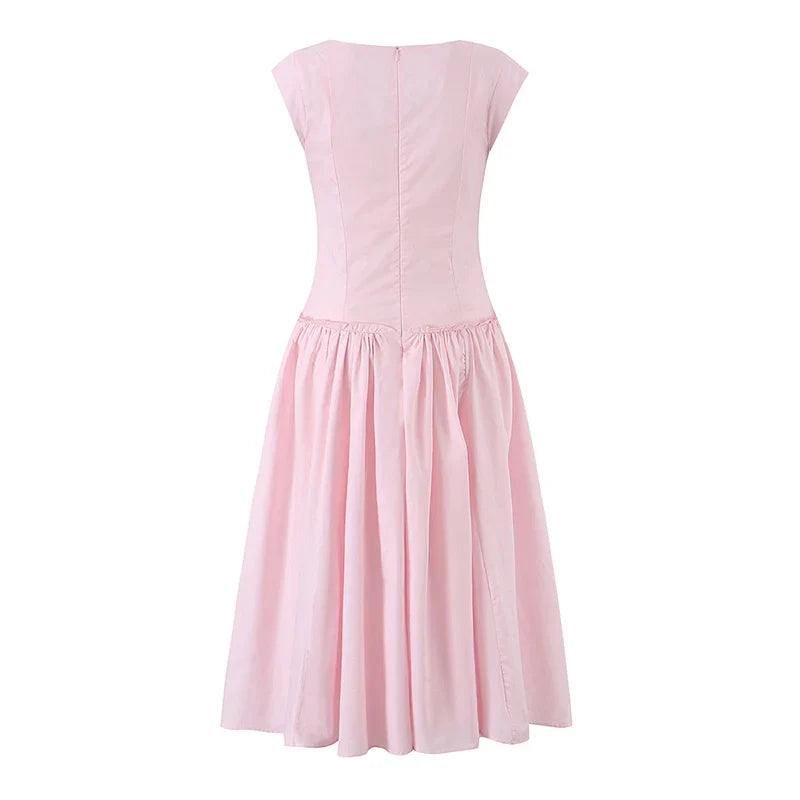 French Sweet Pink Corset Midi Dresses