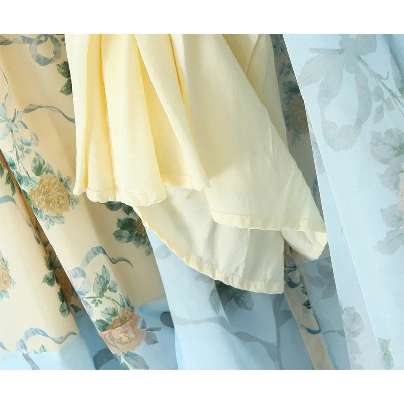 Patchwork Floral Print Boho Summer Dresses Vintage Puff Sleeve A-line Midi Chiffon Dresses
