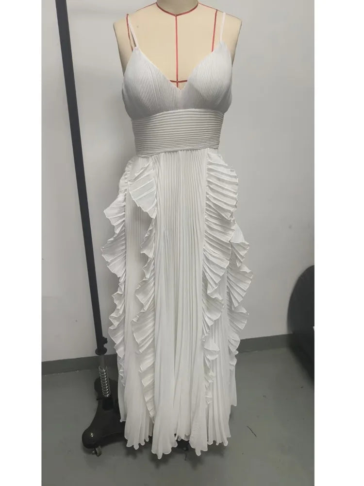 Temperament V-neck Sleeveless Pleated Waist Cinching Patchwork Dresses