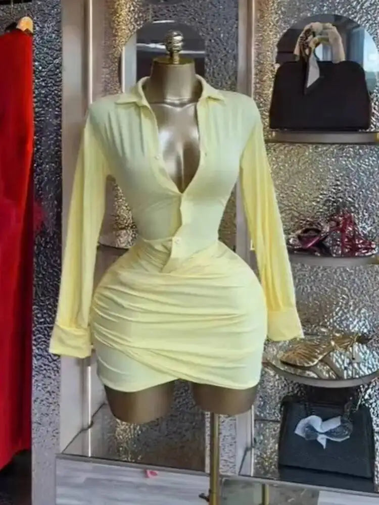 Lapel Collar Wrap Ruched Bodycon Mini Dresses
