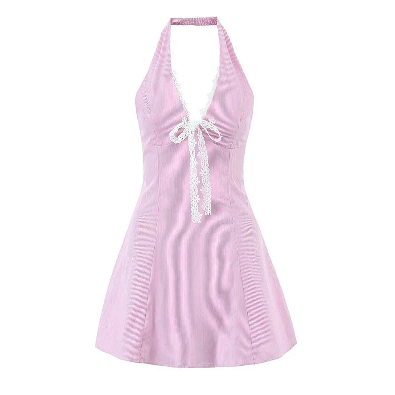 White Lace Trim Pink Blue Striped Halter Mini Dresses