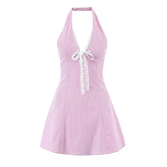 White Lace Trim Pink Blue Striped Halter Mini Dresses