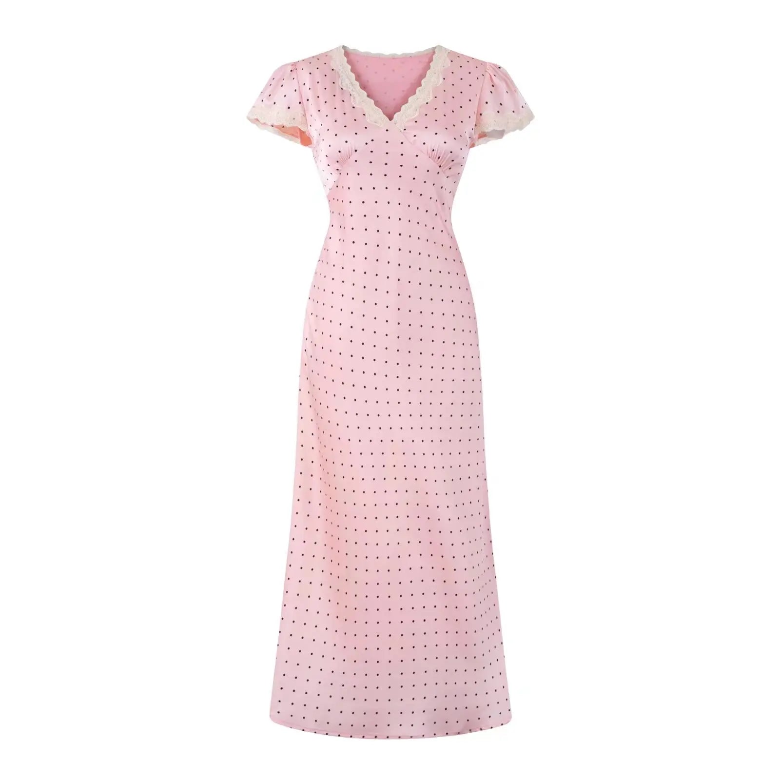 Pink Dot Print Elegant Long Dresses Lace Trim V Neck Short Sleeve A-line Summer Dresses