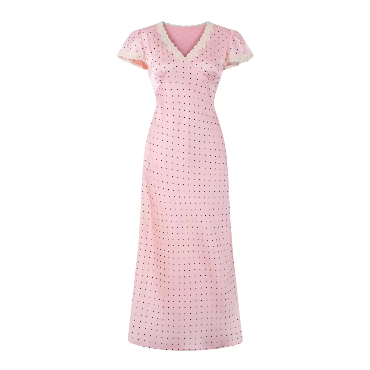 Pink Dot Print Elegant Long Dresses Lace Trim V Neck Short Sleeve A-line Summer Dresses