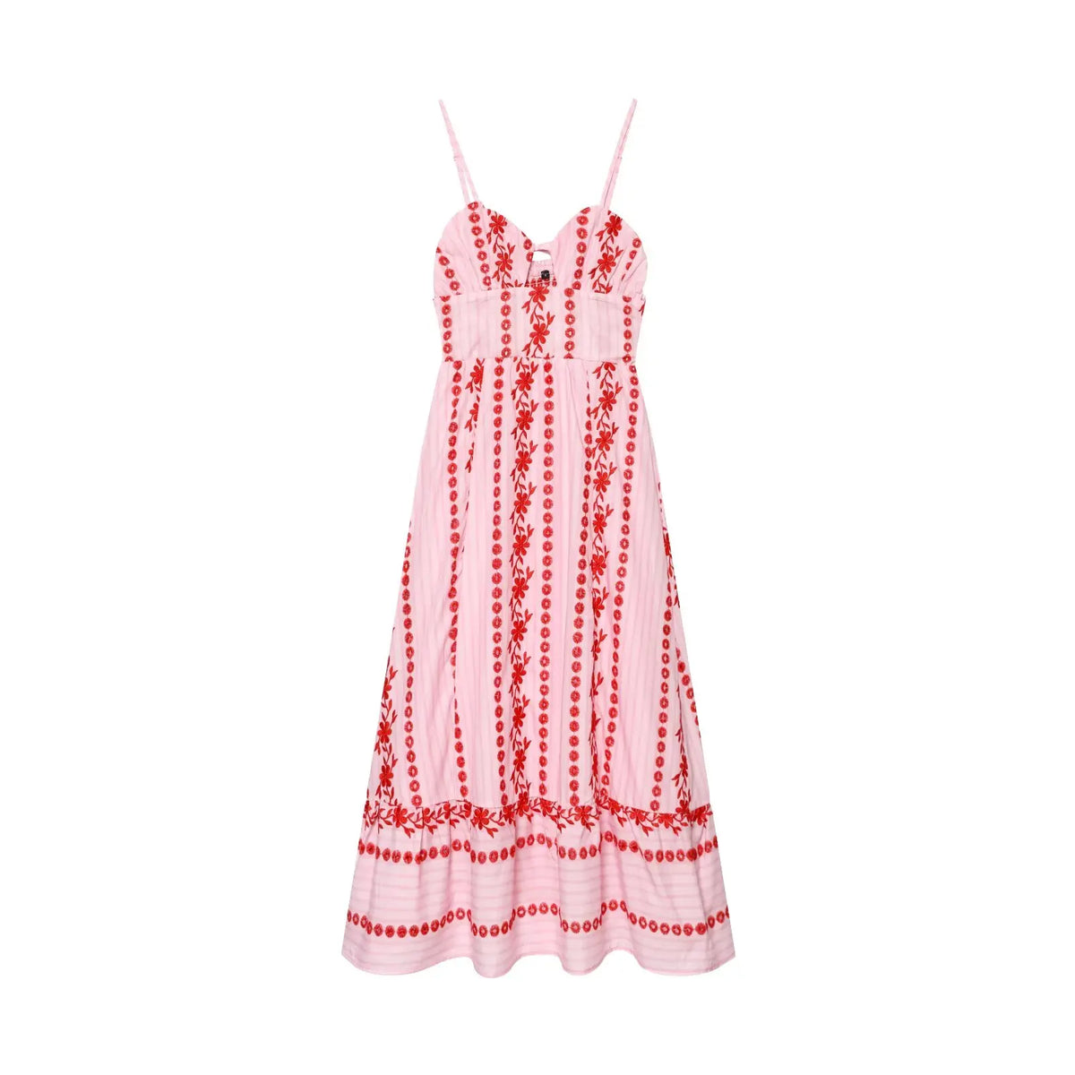 Boho Pink Floral Embroidery Hollow Out Midi Dresses