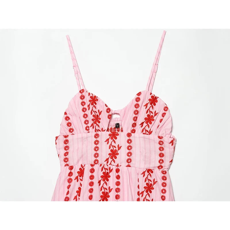 Boho Pink Floral Embroidery Hollow Out Midi Dresses