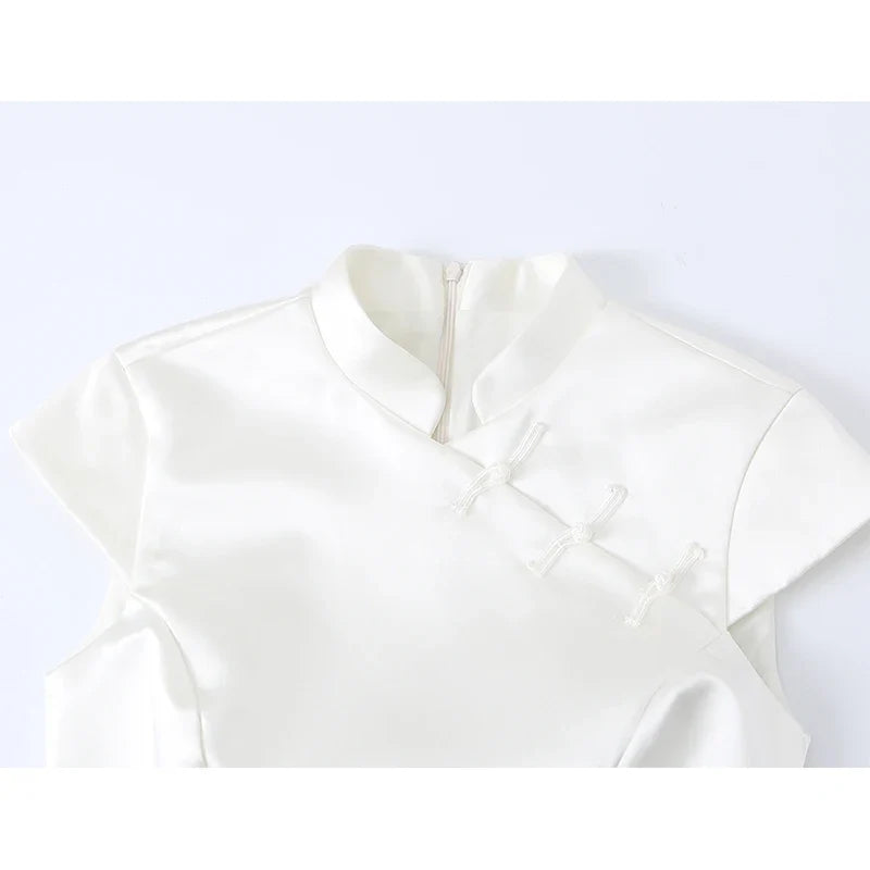 White Satin Mandarin Collar Cheongsam Dresses