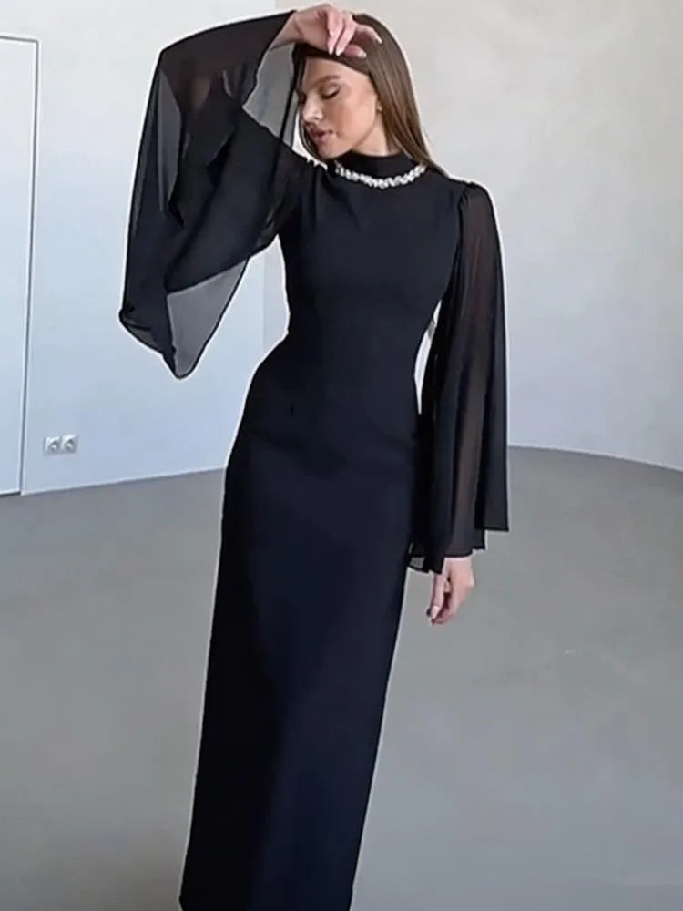 Temperament Half High Collar Bat Sleeve Diamond Gauze Splicing Dresses