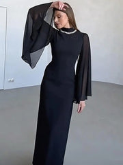 Temperament Half High Collar Bat Sleeve Diamond Gauze Splicing Dresses