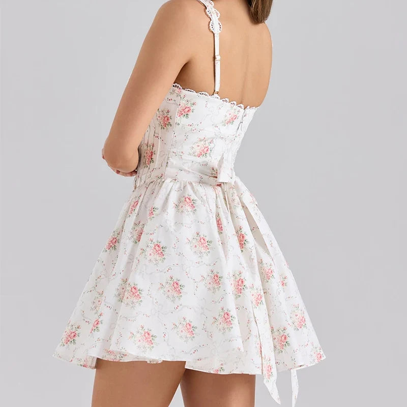 Lace Spliced Rose Floral Print Mini Dresses