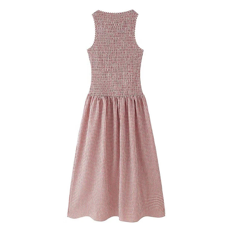 Summer O Neck Sleeveless Vintage Casual Plaid Dresses Fit And Flare Summer Midi Long Dresses Female Vestidos