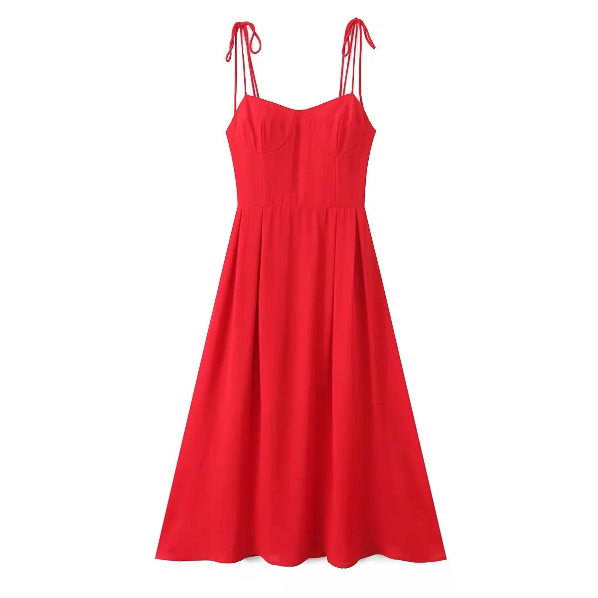 French Style Retro Red Sling Midi Long Dresses Sexy Backless V Neck A-line Holiday Summer Dresses Party Robe