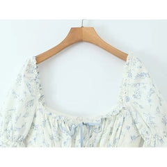 French Sweet Princess Floral Print Vacation Party Dresses Front Lace Up Puff Sleeve A-line Midi Summer Dress