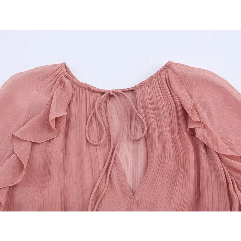 French Style Lace Up O Neck Flared Sleeve Ruffle Dresses