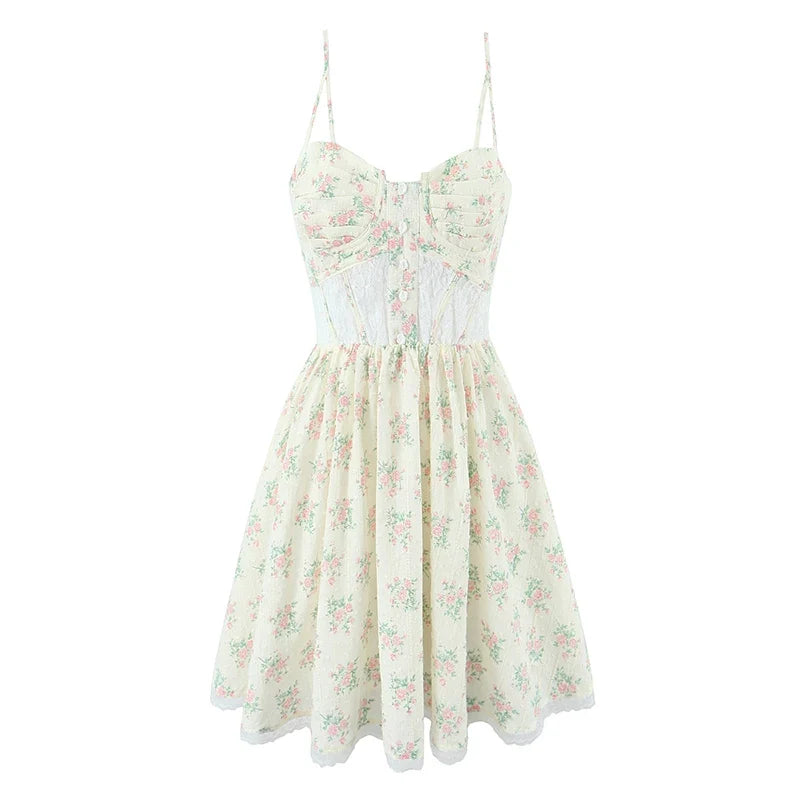 French Style Lace Spliced Floral Print Sling Mini Dresses