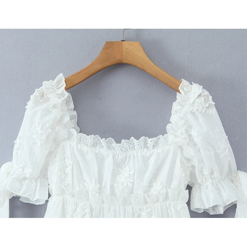 Elegant White Floral Embroidery Mini Dresses