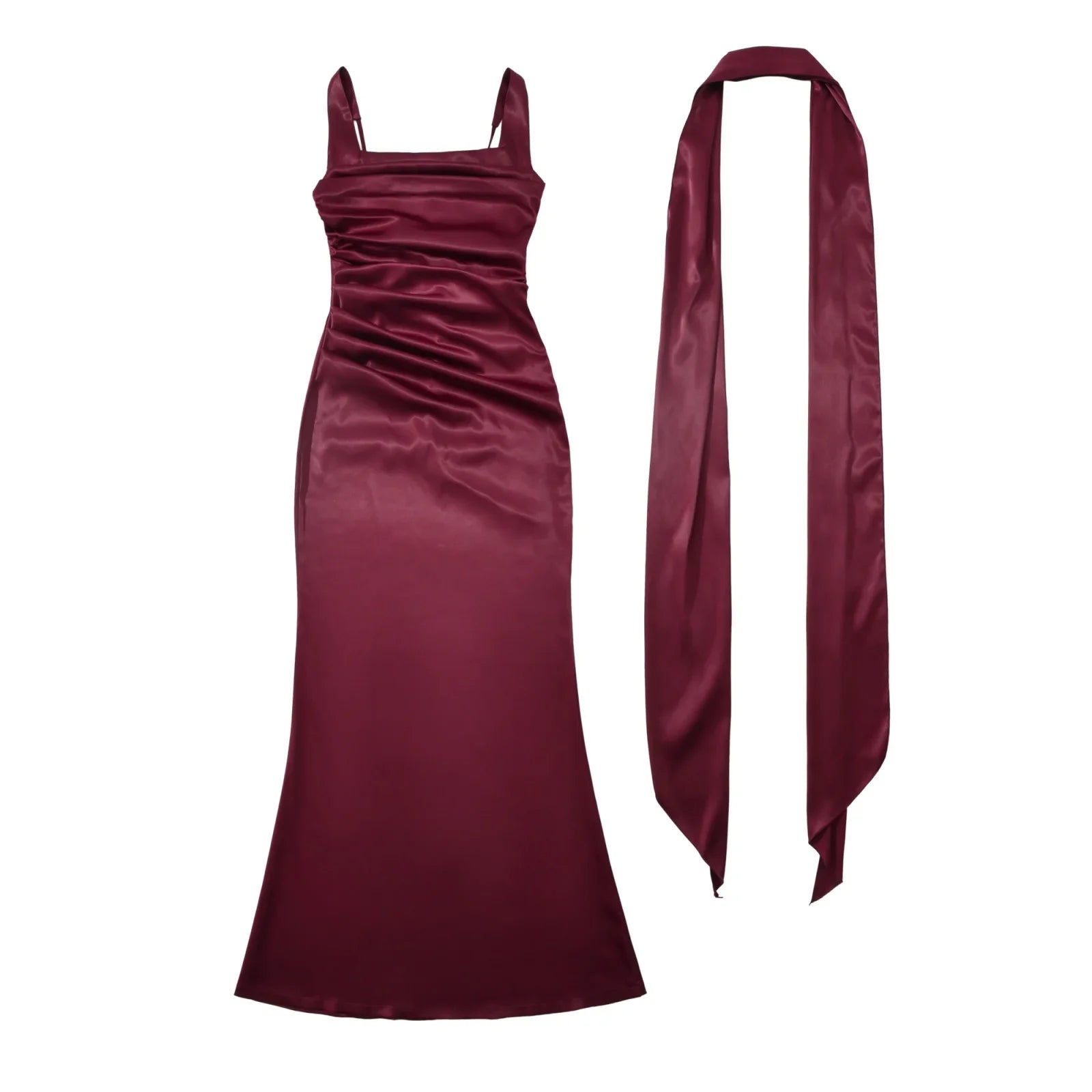 Wine Red Satin Sling Maxi Dresses
