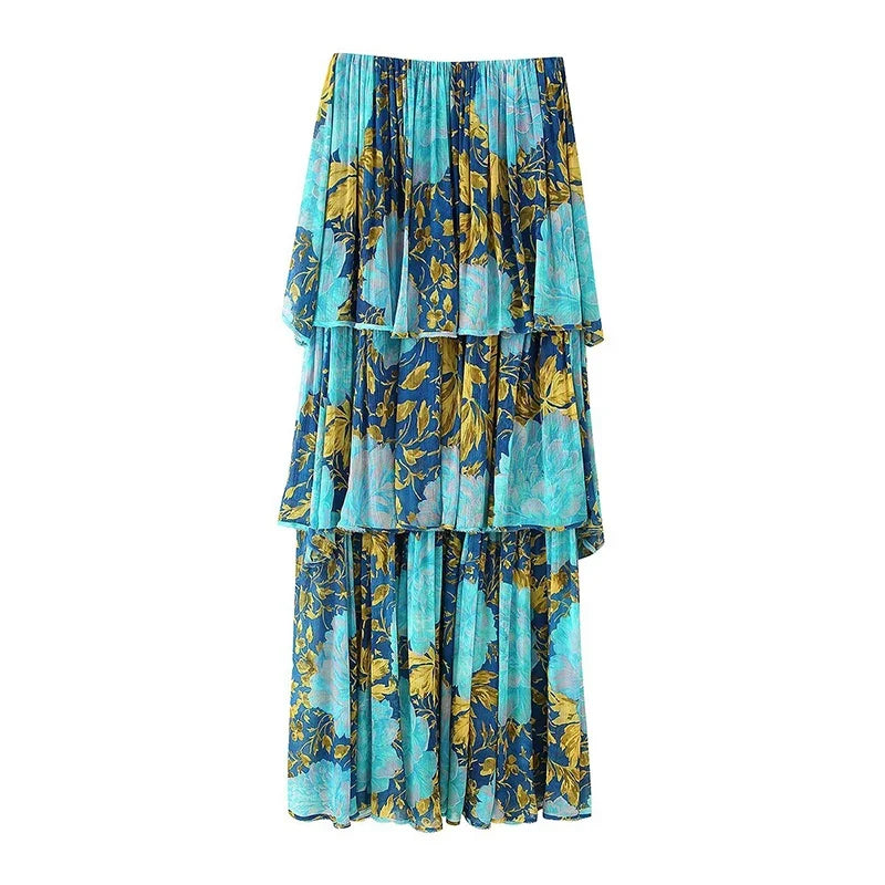 Sexy Off Shoulder Floral Print Chiffon Strapless Dresses Layered A-line Casual Summer Beach Dresses