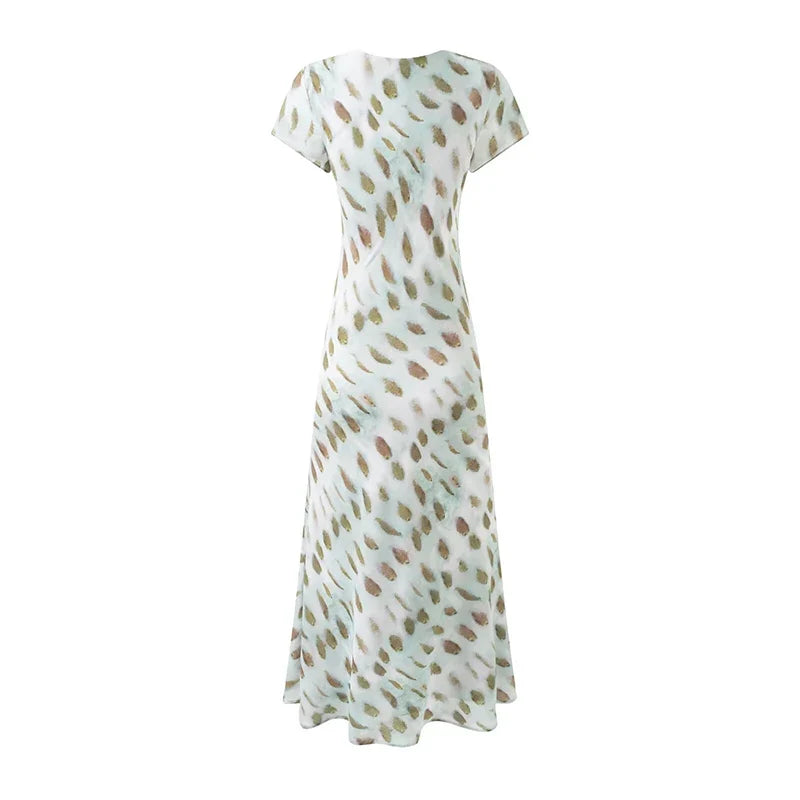 Elegant Girl Short Sleeve V Neck Print A-line Midi Summer Dresses Chic Lady Holiday Robe Party Dress