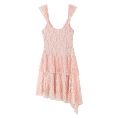 Asymmetrical Hem Pink Ruffle Lace Dresses