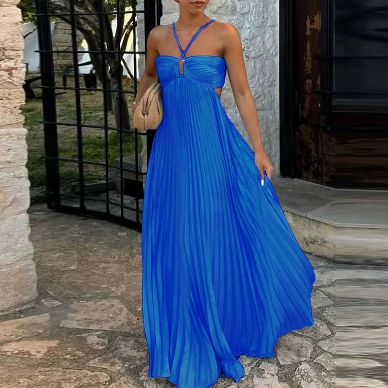 Blue High Waist Pleats Robe Dresses