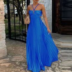 Blue High Waist Pleats Robe Dresses