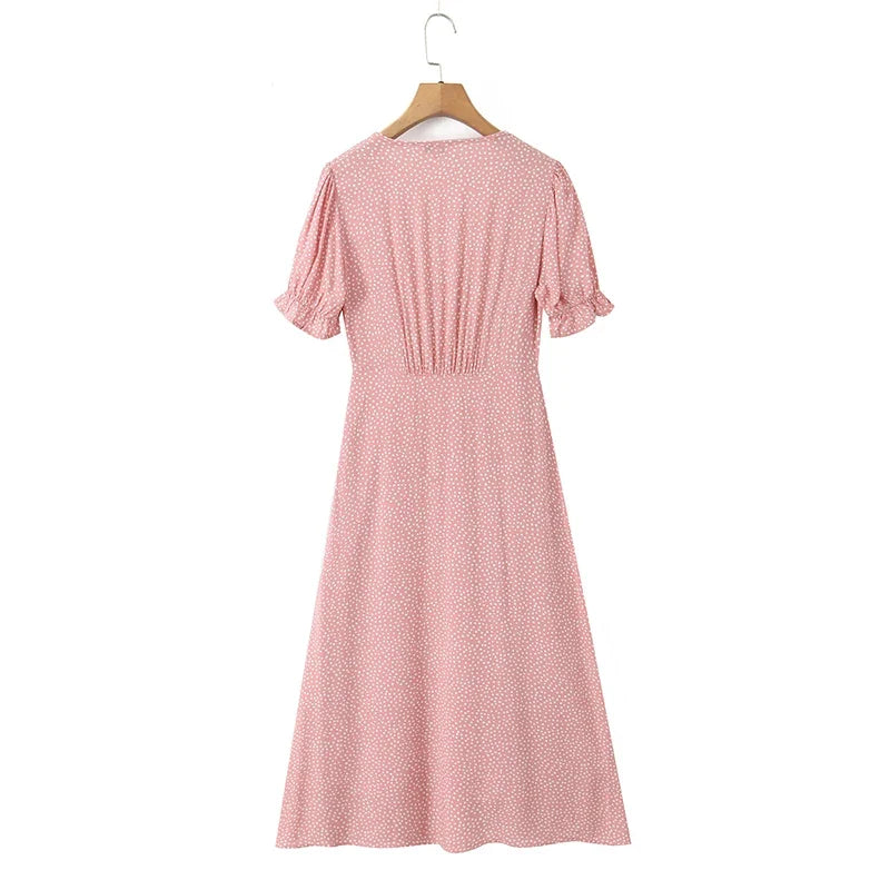 Summer French Style Lace Trim V Neck Polka Dot Dresses